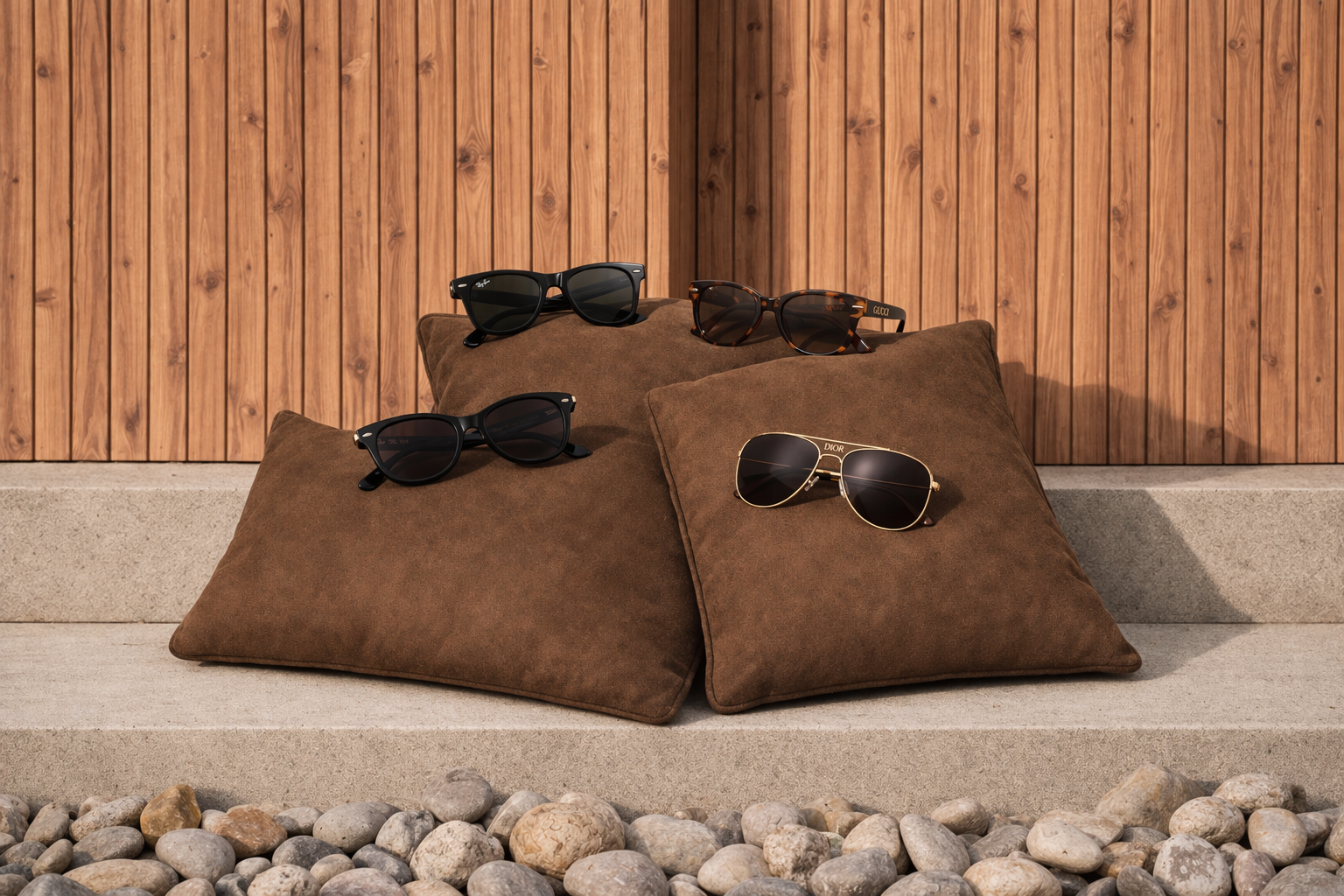 Sélection de lunettes Ray-Ban et Dior posées sur coussins en cuir — EYES CAMSI